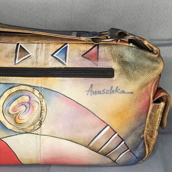 Anuschka Hand Painted Leather Satchel Multicolor Abstract Designs Shoulder Bag - Picture 12 of 12
